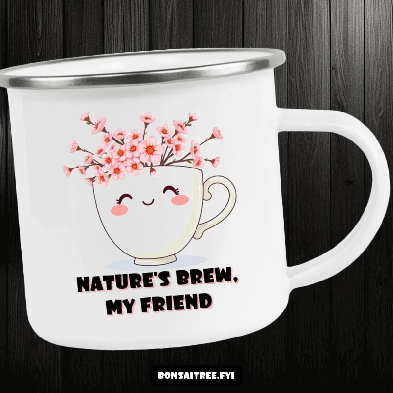 Funny camping mug showcasing a cheerful teacup character overflowing with delicate cherry blossoms, a charming addition to outdoor activities.