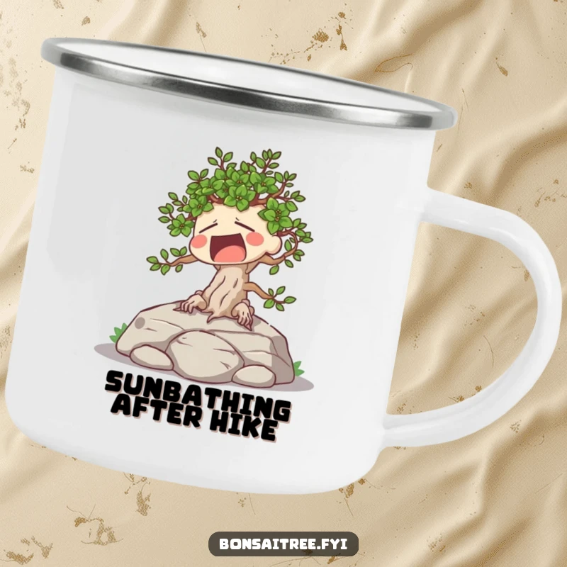 Funny camping mug with a tired bonsai tree character yawning while sunbathing on a rock, ideal for outdoor relaxation.