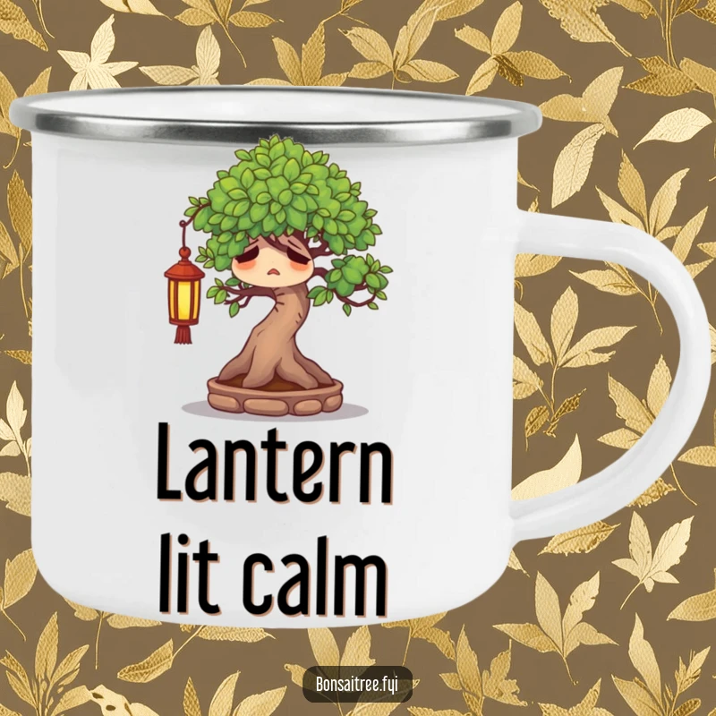 Funny weary bonsai tree character sighing contentedly under a tiny lantern, ready for calm adventures on a camping mug.