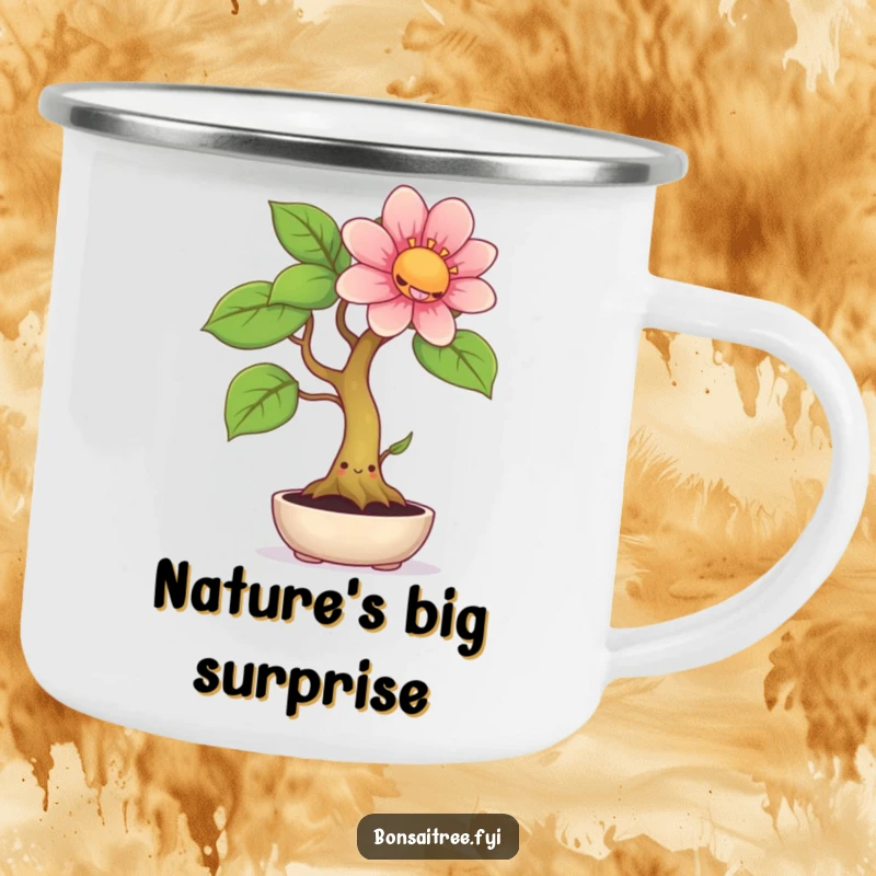 Funny enamel camping mug showing a smiling bonsai tree with a happy face, sprouting a giant flower, perfect for outdoor adventures.
