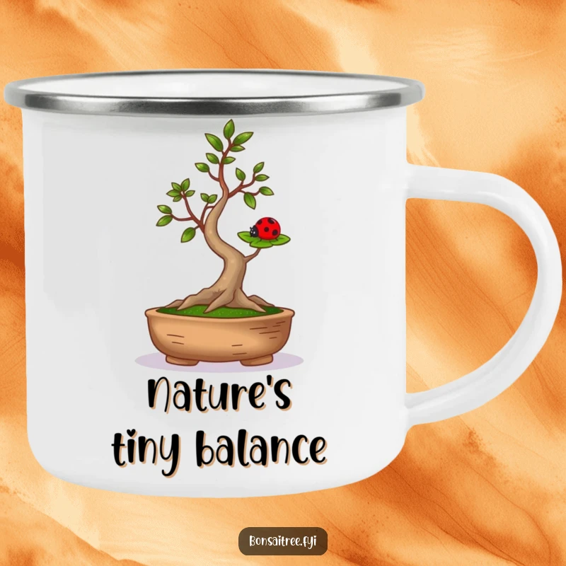 Durable, funny camping mug showing a bonsai tree balancing a ladybug on its leaf, great for outdoor humor.