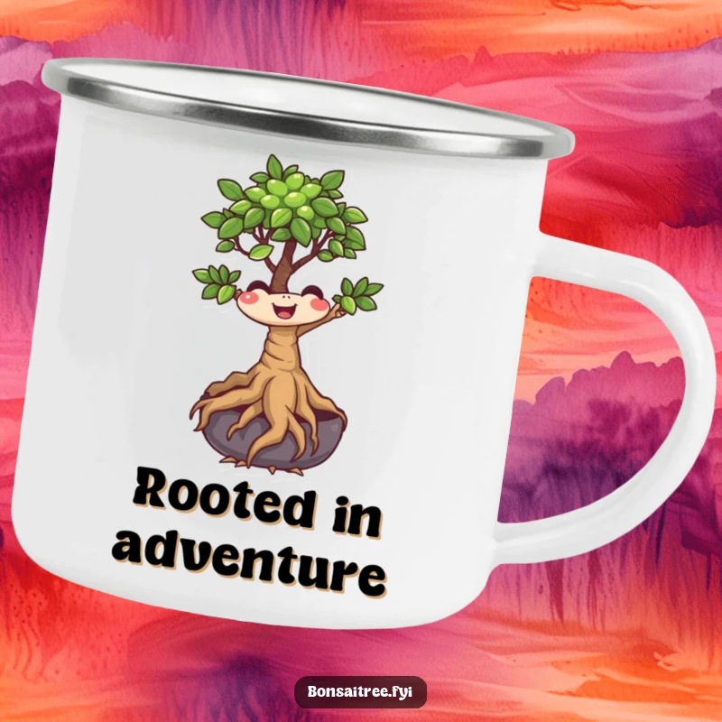 Funny Bonsai Tree Camping Mug showing a smiling character with wiggling roots, perfect for outdoor enthusiasts who love a laugh.