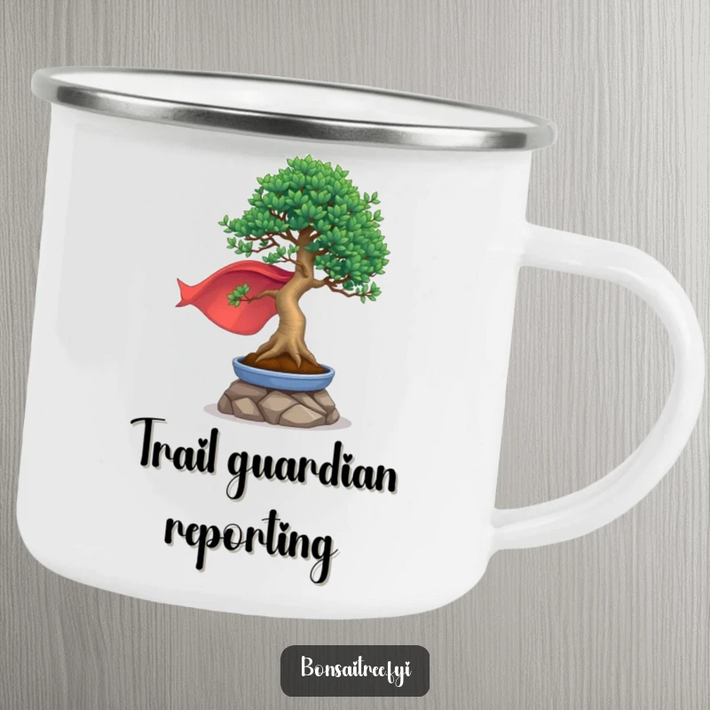 Durable, funny camping mug of a bonsai tree in a cape striking a heroic pose, great for heroic outdoor moments.