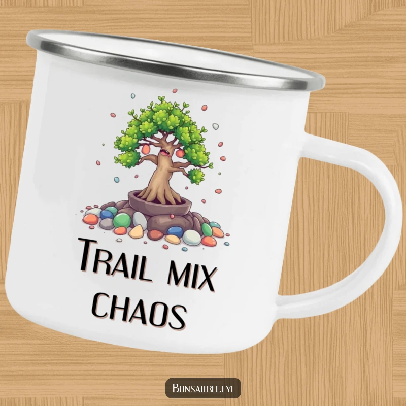 Funny camping mug with a giggling bonsai tree character spilling painted stones. Durable and humorous for nature lovers.