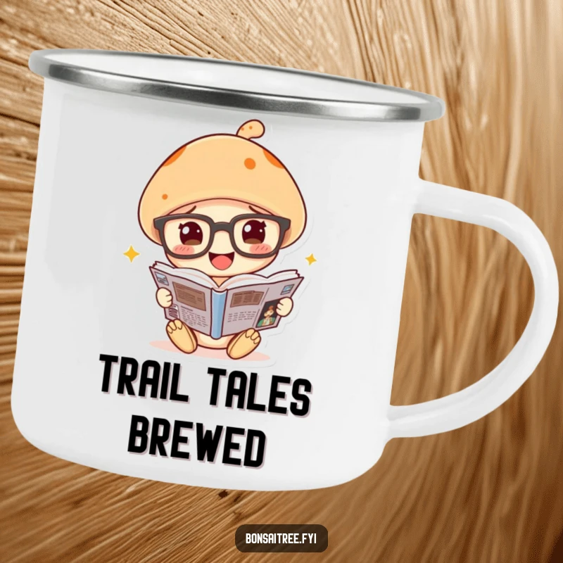 Funny mushroom camping mug, big glasses, engrossed in a comic book, ready for outdoor reading adventures.