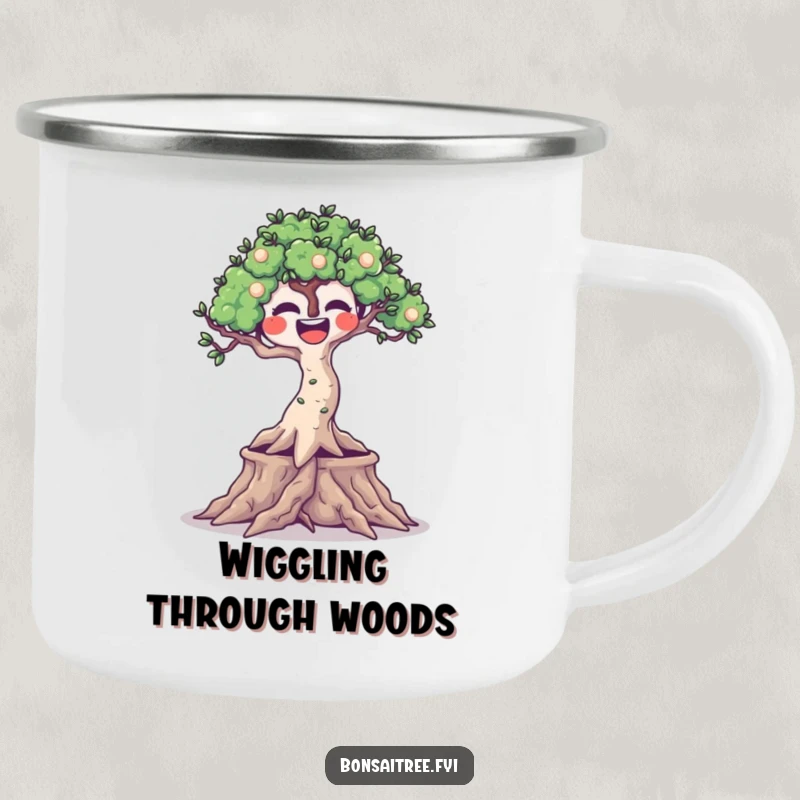 Funny enamel camping mug showing a joyful bonsai tree with wiggling roots, built for rugged, humorous outdoor enjoyment.