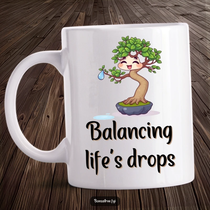 Funny giggling bonsai character trying to balance a water droplet on a leaf, showcasing focus and humor on this mug.