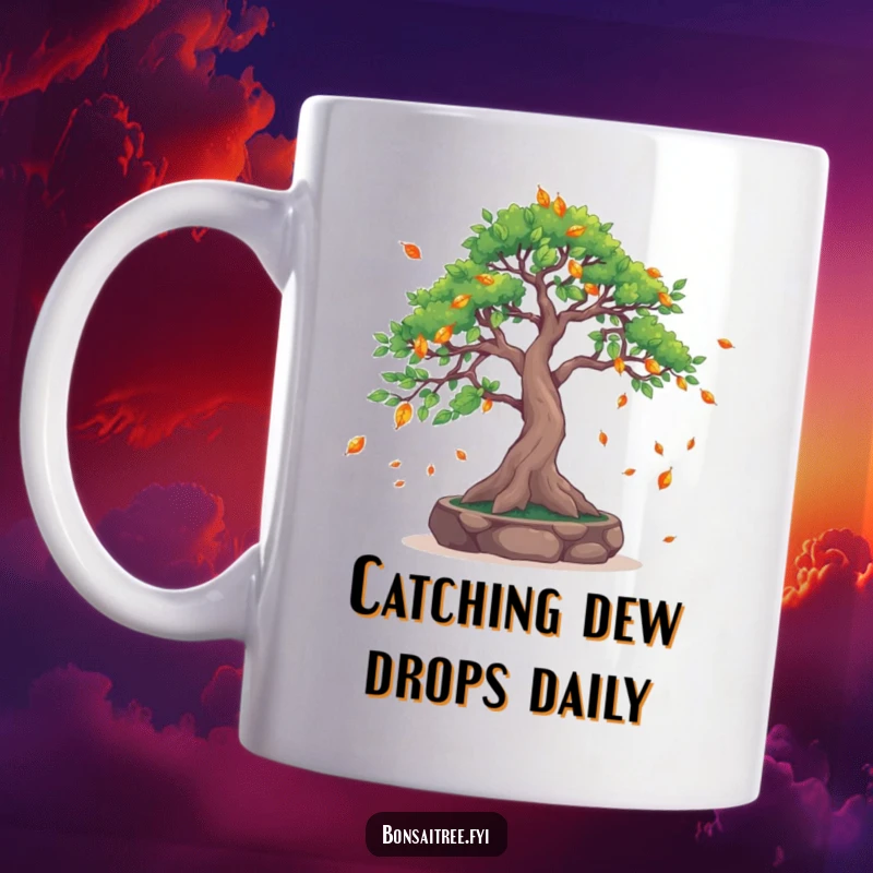 Funny Leaf-Catching Bonsai Tree Mug: A bonsai with outstretched branches catches falling leaves, offering a humorous and peaceful scene for your coffee.