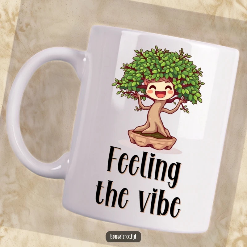 Funny mug featuring a joyful bonsai tree character happily dancing, twirling with a gentle breeze, conveying pure delight.