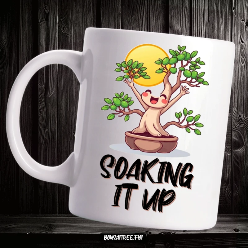 Funny beaming bonsai character stretching branches towards a cheerful sun on a mug, symbolizing joy and positive energy.