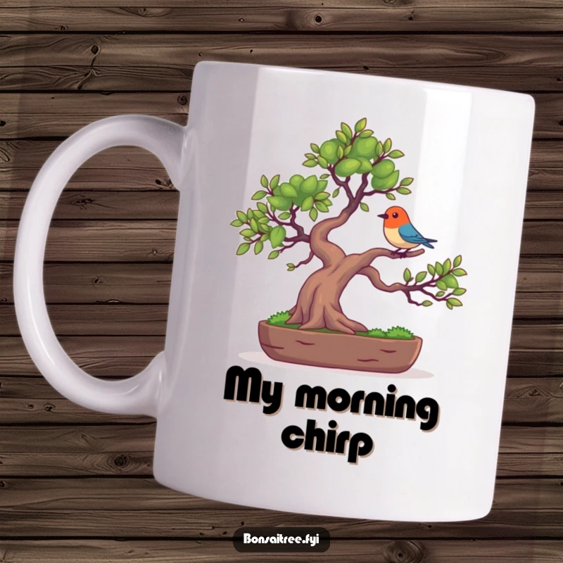 Funny ceramic mug featuring a bonsai tree character with a tiny, colorful bird balanced on its branch, depicting harmony and humor.