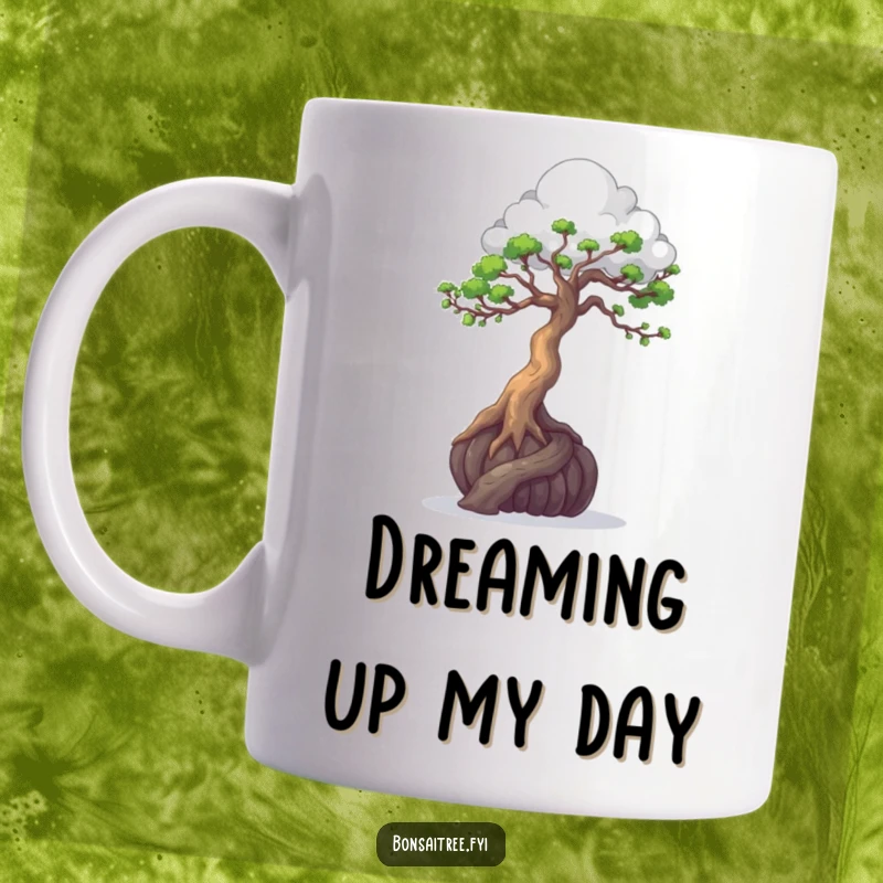 Funny mug depicting a bonsai tree using its branches to artistically sculpt a small, fluffy cloud in the sky.