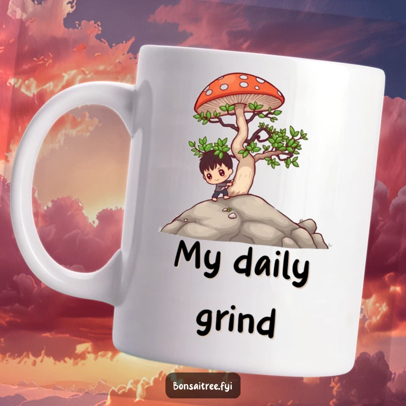 Funny bonsai character struggling to push a large mushroom uphill, showcasing determination and humor on this unique mug.