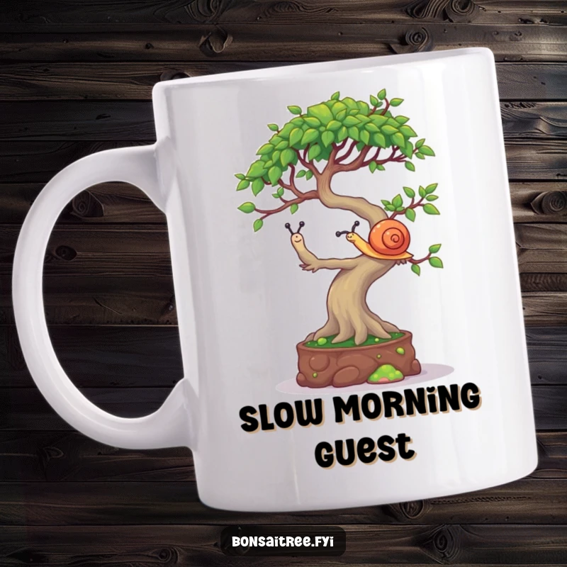 Funny Bonsai Tree Mug: A mischievous bonsai character precariously balancing a tiny snail on its canopy, showcasing playful determination.
