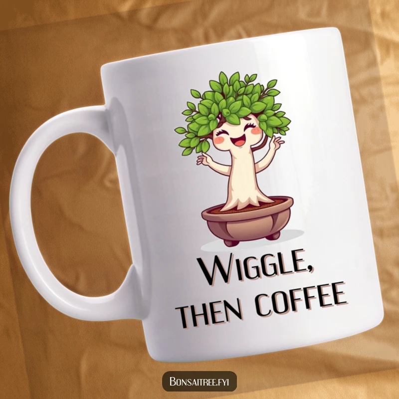 Funny Bonsai Tree Mug featuring a plump, happy character doing a wiggle dance, spreading cheer and botanical humor.