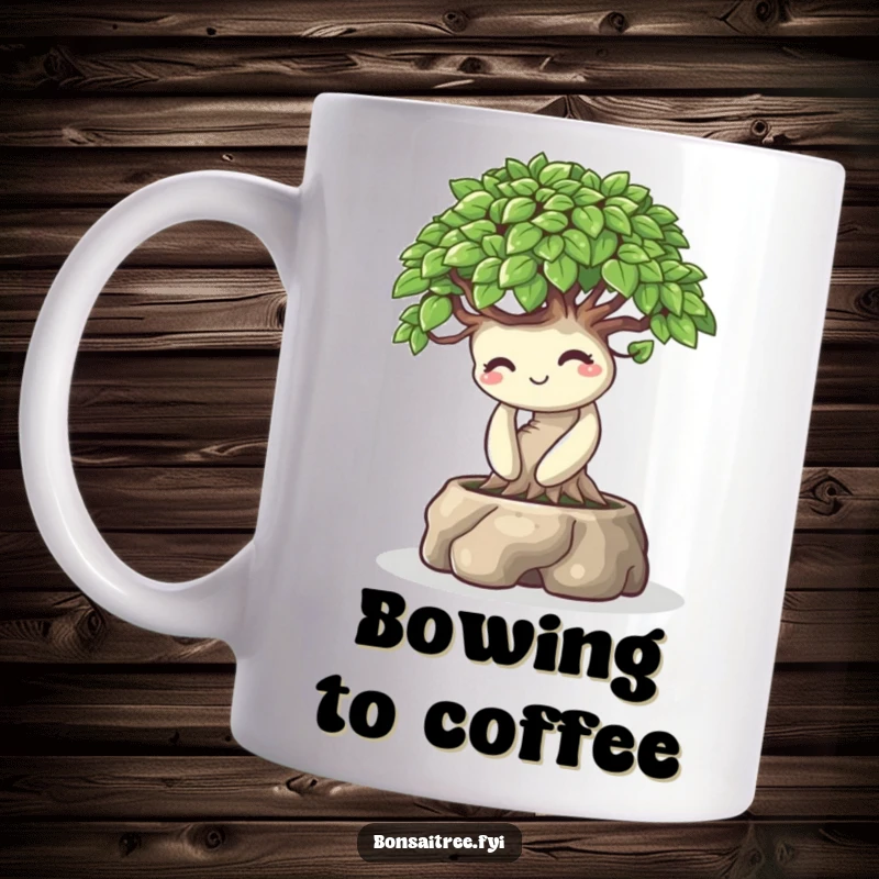Funny ceramic mug featuring a playful bonsai tree character bowing with a warm smile, exuding charm and lightheartedness.