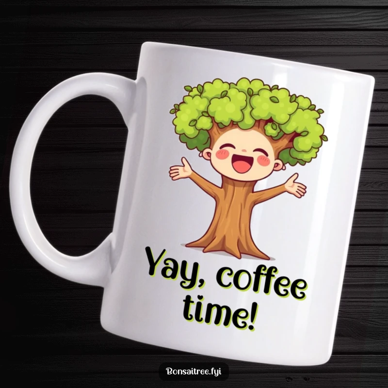 Funny bonsai tree mug with arms outstretched, cheering enthusiastically, radiating joy and happiness.