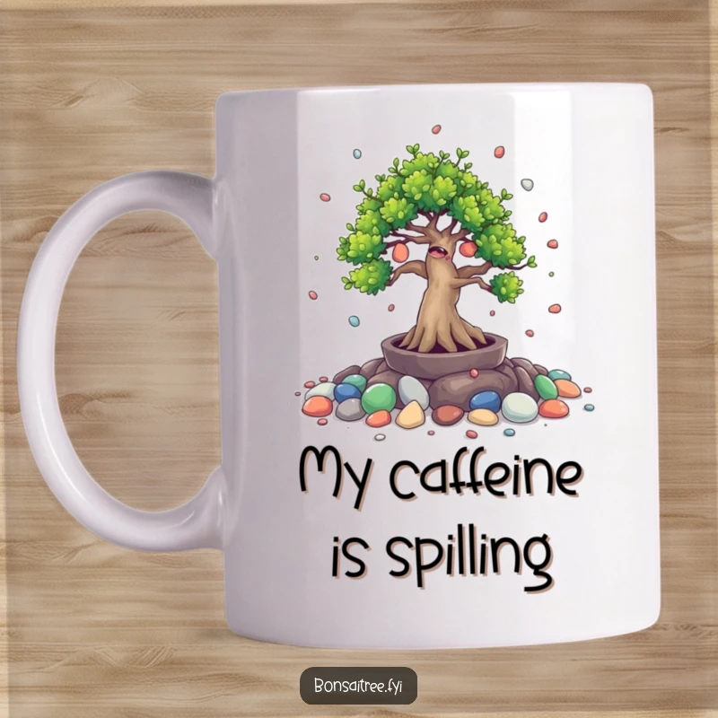 Funny mug showing a giggling bonsai tree character joyfully spilling tiny painted stones all over the place.