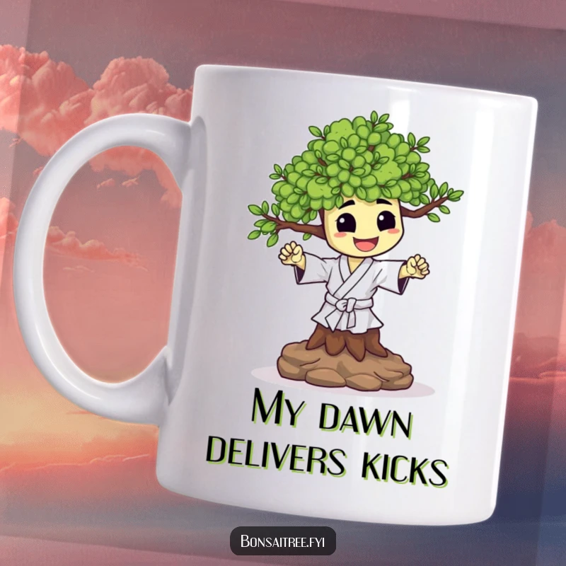 Funny mug showing a happy bonsai tree character performing a small, energetic karate chop motion.