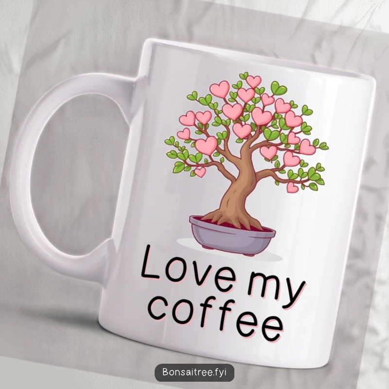 Funny bonsai tree mug with leaves shaped like tiny hearts, symbolizing love and humor.