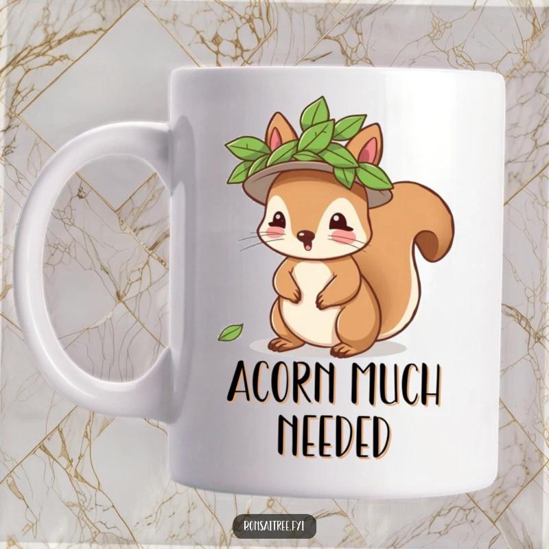 Funny playful squirrel character attempting to wear a leaf hat on a mug, capturing a whimsical moment, a cute and funny gift.