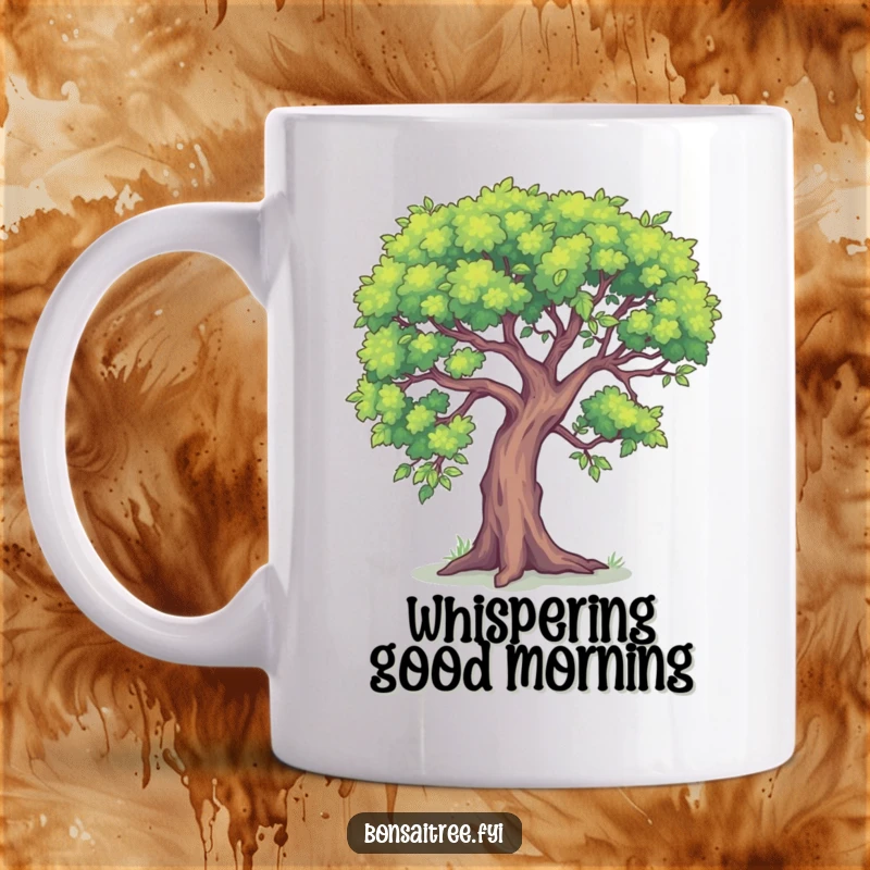 Funny bonsai tree mug with a tree leaning in, as if sharing a funny secret.