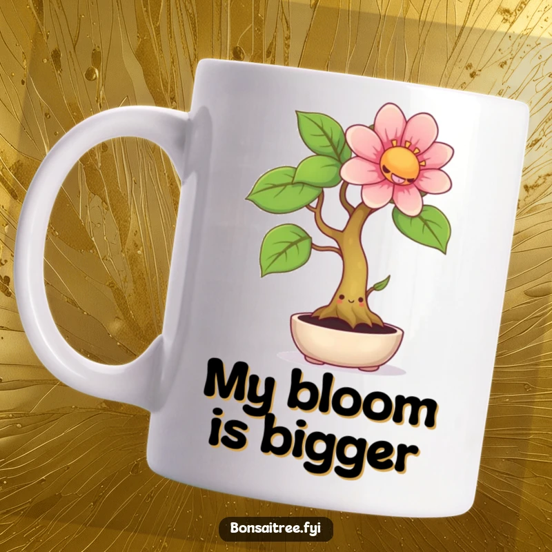 Funny mug showcasing a smiling bonsai tree sprouting a surprisingly giant, vibrant flower, radiating pure happiness and charm.