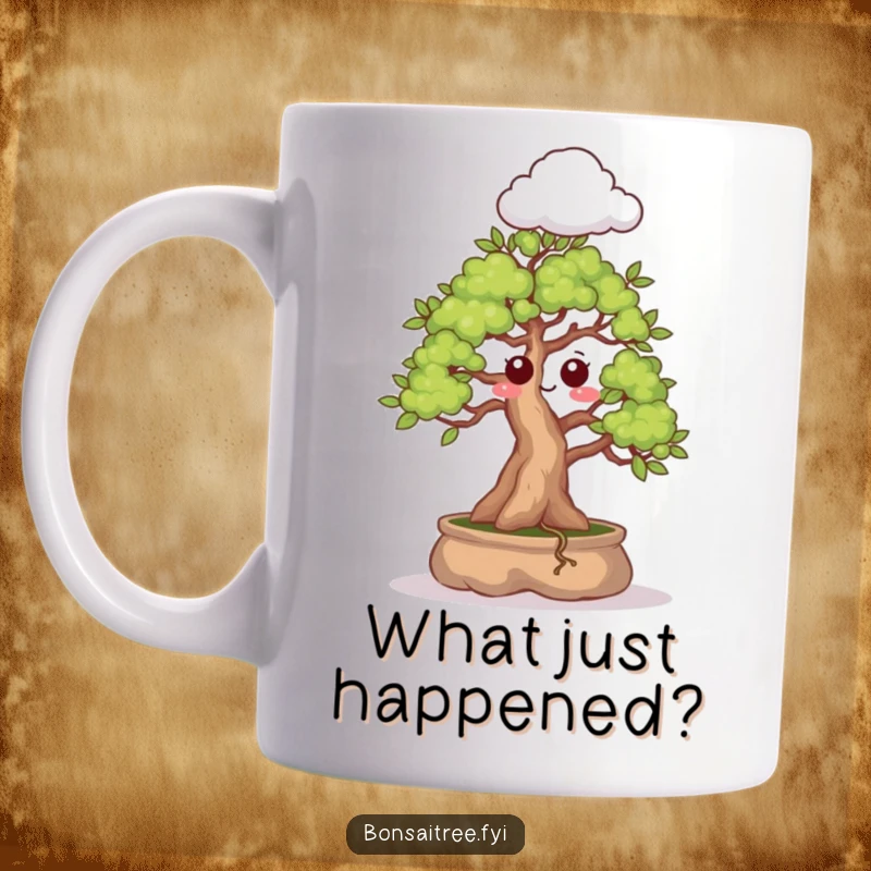 Funny mug featuring a bonsai tree with wide, surprised eyes sprouting a small, fluffy cloud, capturing a moment of whimsical astonishment.