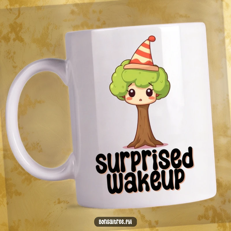 Funny tree mug featuring a tiny tree wearing a comically silly hat and looking wide-eyed surprised, with leaves rustling.