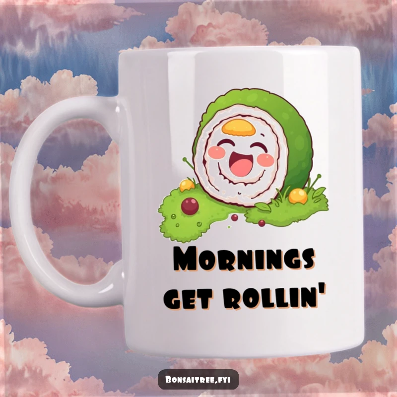 Funny mug depicting a laughing sushi roll character with wide eyes, wedged between clumps of green moss, trying to hide.