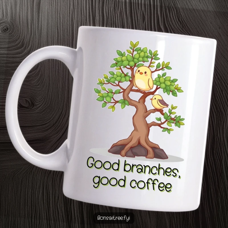 Funny mug featuring a happy bonsai tree with a cheerful bird perched on its branch, bringing a smile and nature's beauty.