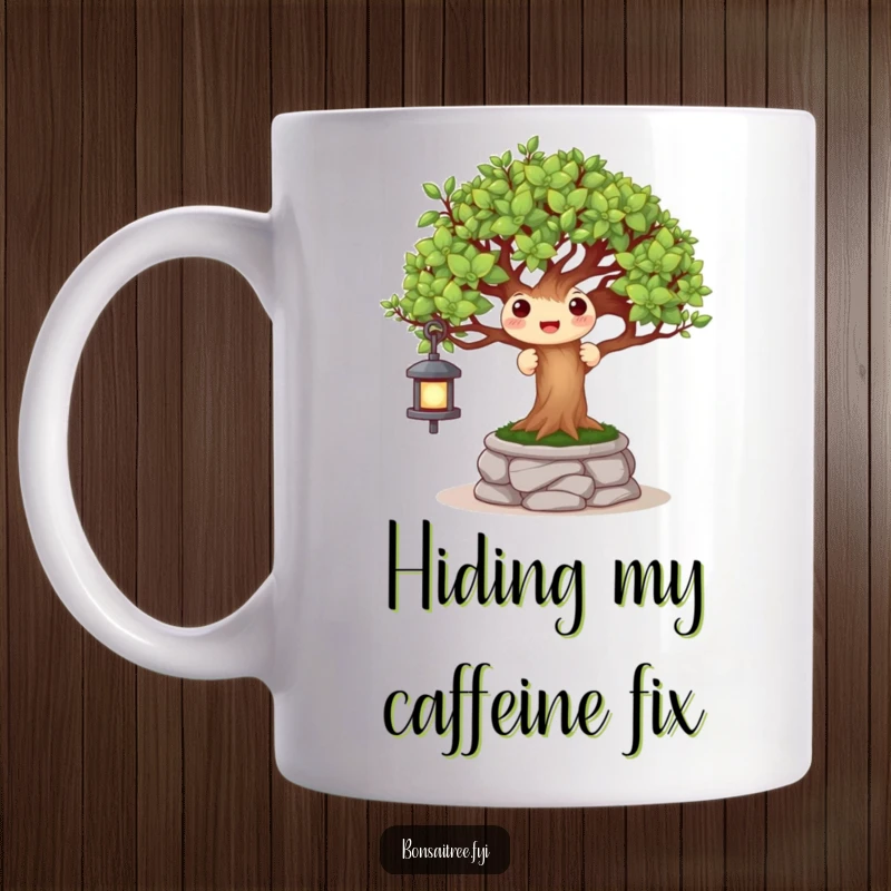 Funny mug with a cheerful bonsai tree character playfully peeking from behind a miniature stone lantern, evoking joy and surprise.