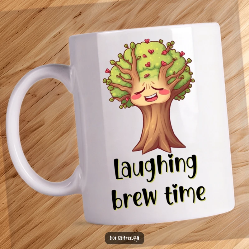 Funny tree mug featuring a tree with a face deeply contorted in a silent, uncontrollable laugh, branches shaking slightly.