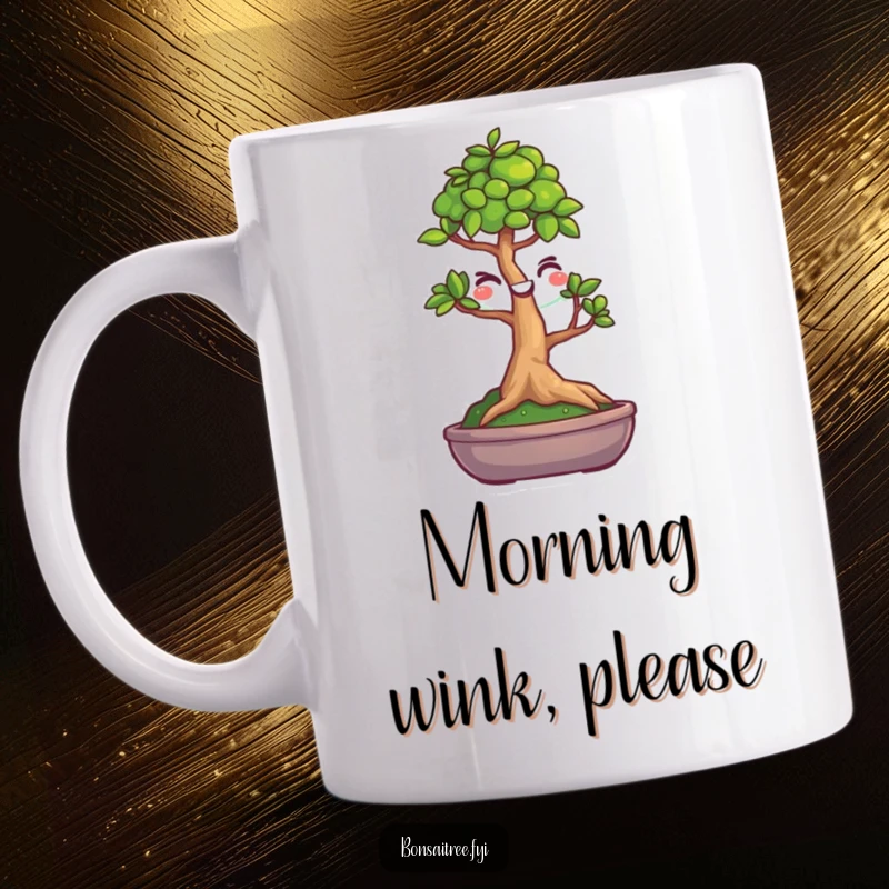 Funny bonsai tree mug with a cute smiley face winking mischievously, perfect for a morning coffee.
