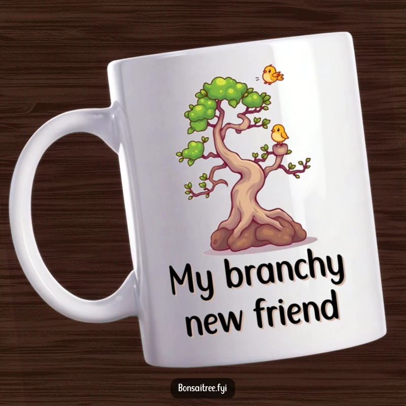Funny Bonsai Tree Mug: A cute bonsai character giggling joyfully as a tiny bird lands on its top branch, spreading cheer.