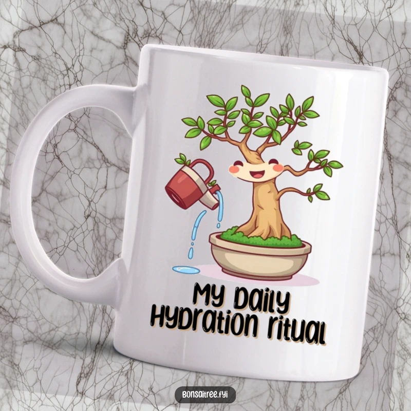 Funny mug featuring a tiny bonsai tree character with a cheerful face, energetically watering itself with a small can.