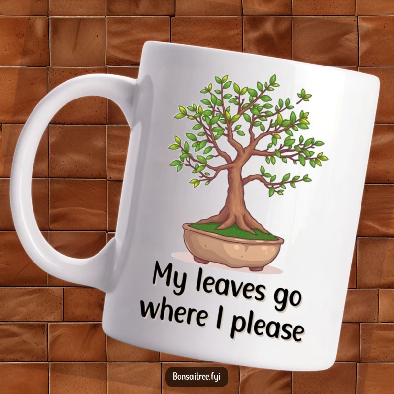 Funny Bonsai Tree Mug: A miniature tree hilariously juggling its own tiny leaves, showing focus and fun.