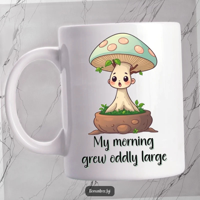 Funny mug showing a tiny bonsai tree character with a shocked face as a huge mushroom sprouts unexpectedly from its top.