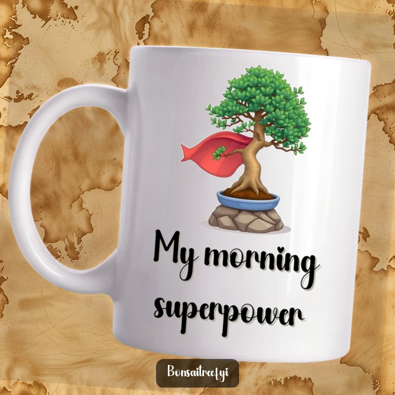 Funny mug showing a brave bonsai tree wearing a cape, striking a heroic pose ready to save the day.