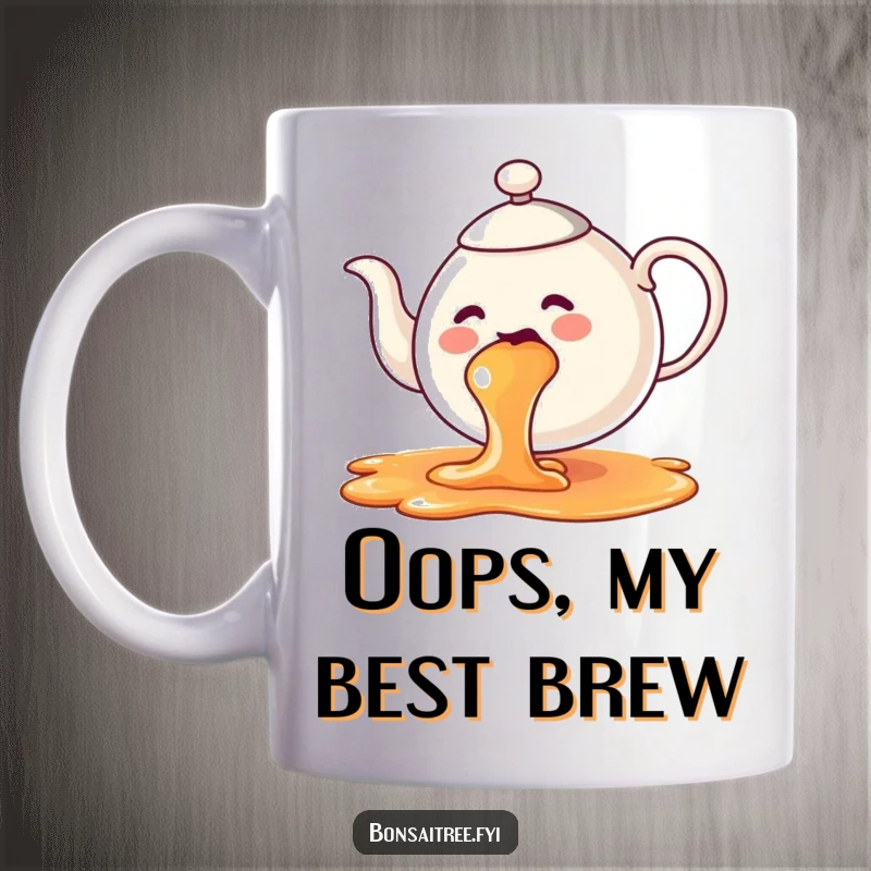 Funny teapot mug spilling a vibrant rainbow of tea, showcasing charming clumsiness and colorful fun.
