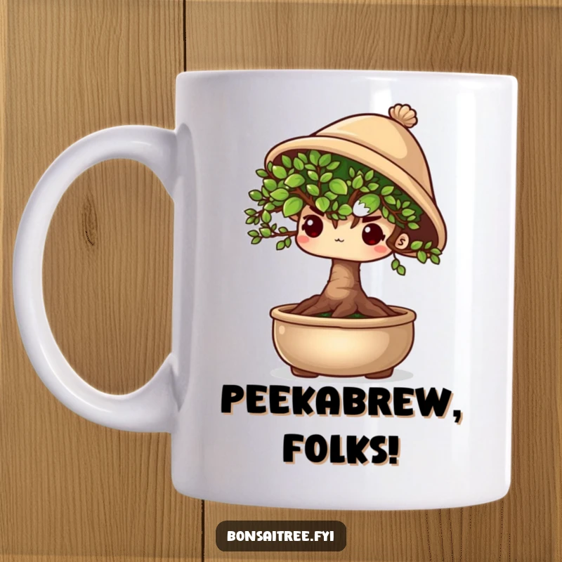 Funny shy bonsai tree character peeking out from under a tiny hat, looking timid and cute on a coffee mug.
