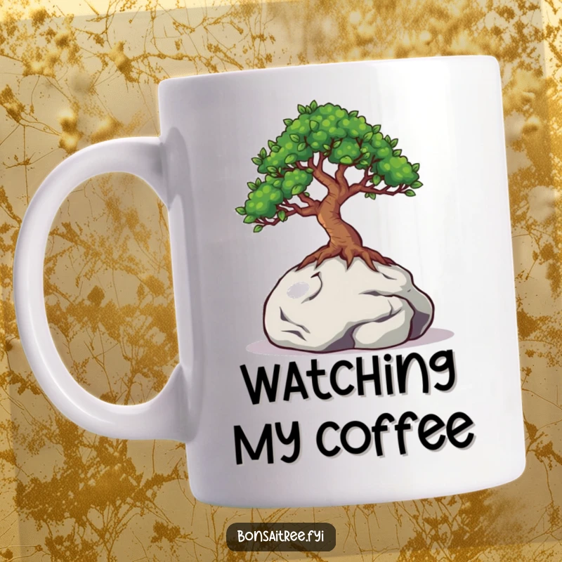 Funny mug with a bonsai tree peeking its eyes out from behind a small miniature rock, conveying shyness and curiosity.