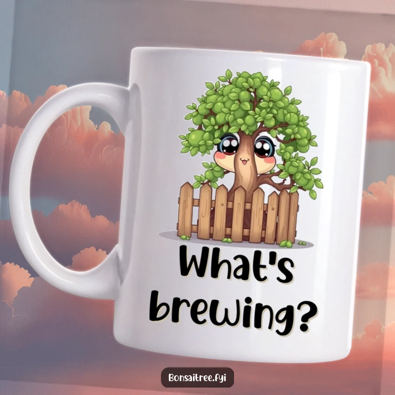 Funny ceramic mug showing a bonsai tree character peeking with wide eyes over a miniature fence, conveying curiosity and humor.