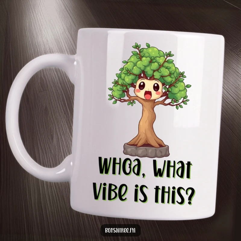 Funny bonsai tree mug with a surprised expression and outstretched branches, a humorous and relatable gift for any occasion.