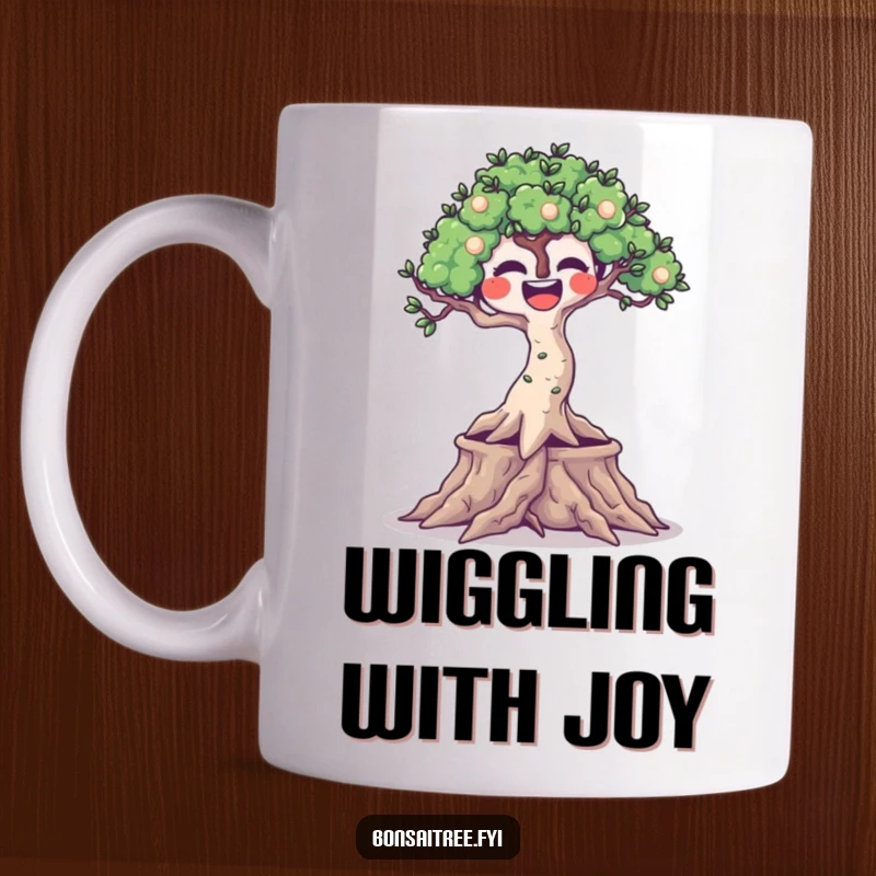 Funny ceramic mug featuring a joyfully expressive bonsai tree with roots wiggling happily, conveying pure delight and humor.