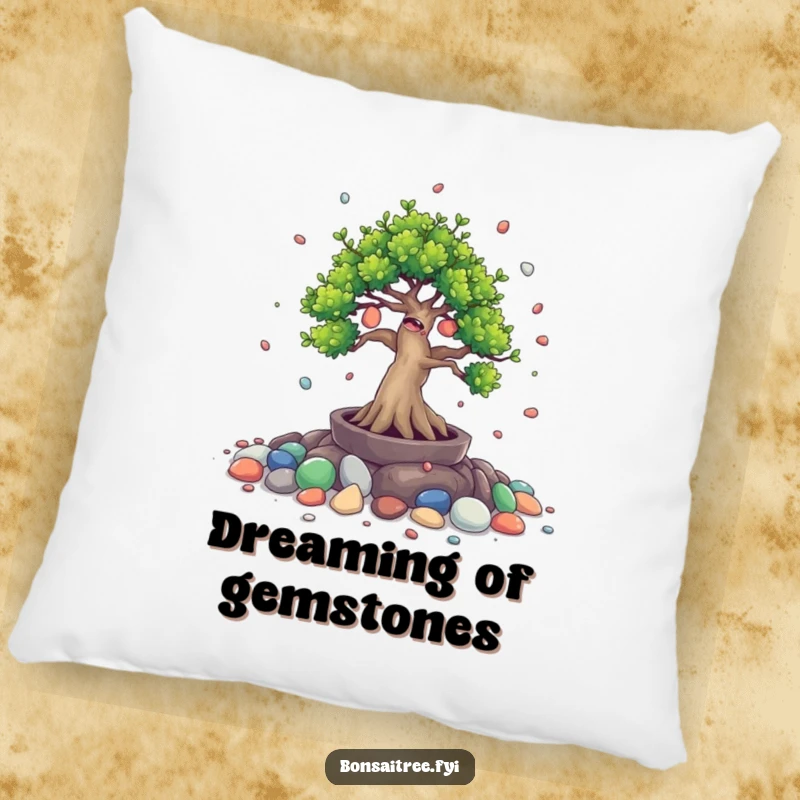 Funny pillow with a giggling bonsai tree character spilling small painted stones. Soft, comfortable, and humorous.