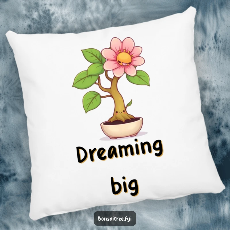 Funny decorative pillow showing a smiling bonsai tree with a happy expression, sprouting a large, colorful flower, perfect for a humorous touch.