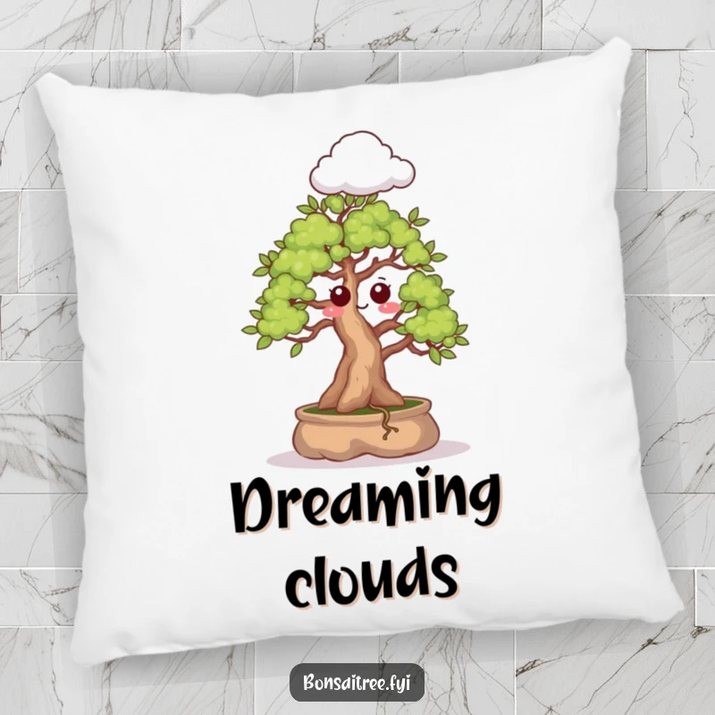 Funny decorative pillow showing a bonsai tree with a surprised expression sprouting a cloud, perfect for adding cozy and whimsical vibes.