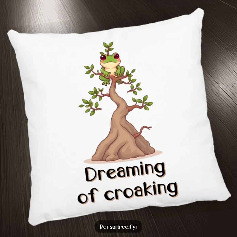 Funny pillow with a playful bonsai tree character balancing a frog on its top branch. Soft, comfortable, and amusing.
