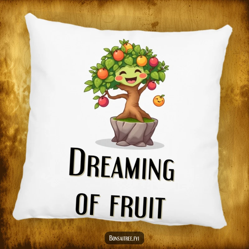Funny joyful bonsai tree character bouncing a small, colorful fruit, bringing cheerful comfort to a soft pillow.